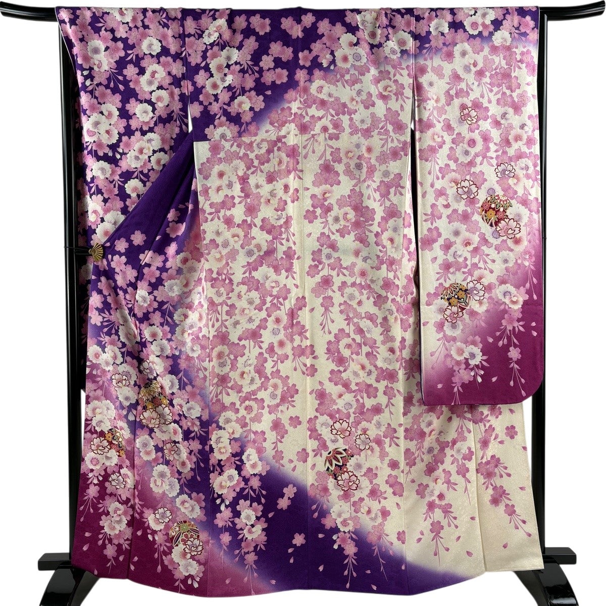 美品】 振袖 身丈165.5cm 裄丈69cm L 袷 枝垂れ桜 手鞠 箔 金彩 紫