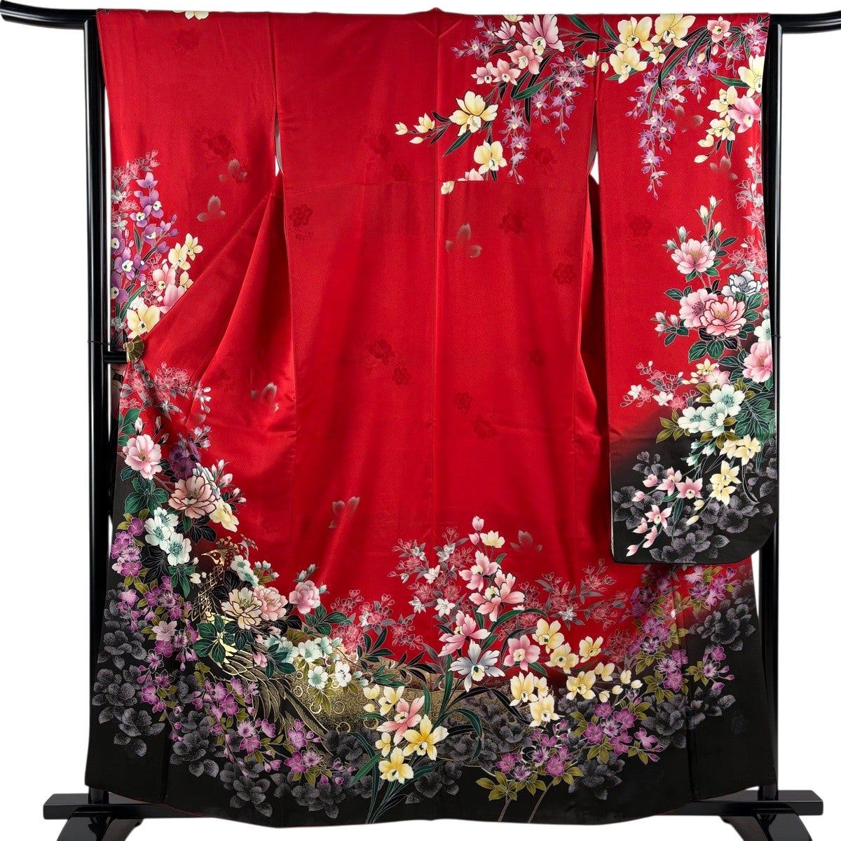 美品】 振袖 身丈159.5cm 裄丈65cm M 袷 草花 孔雀 金糸 金銀彩 赤