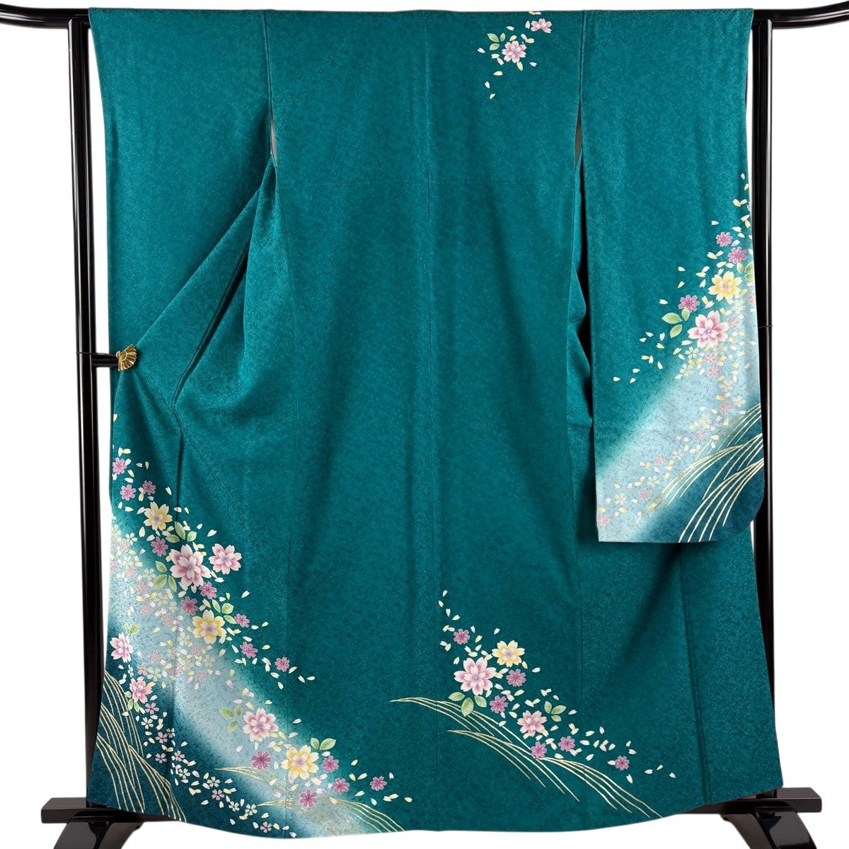振袖 身丈161.5cm 裄丈63cm S 袷 桜 波 金彩 銀通し 緑 正絹 名品