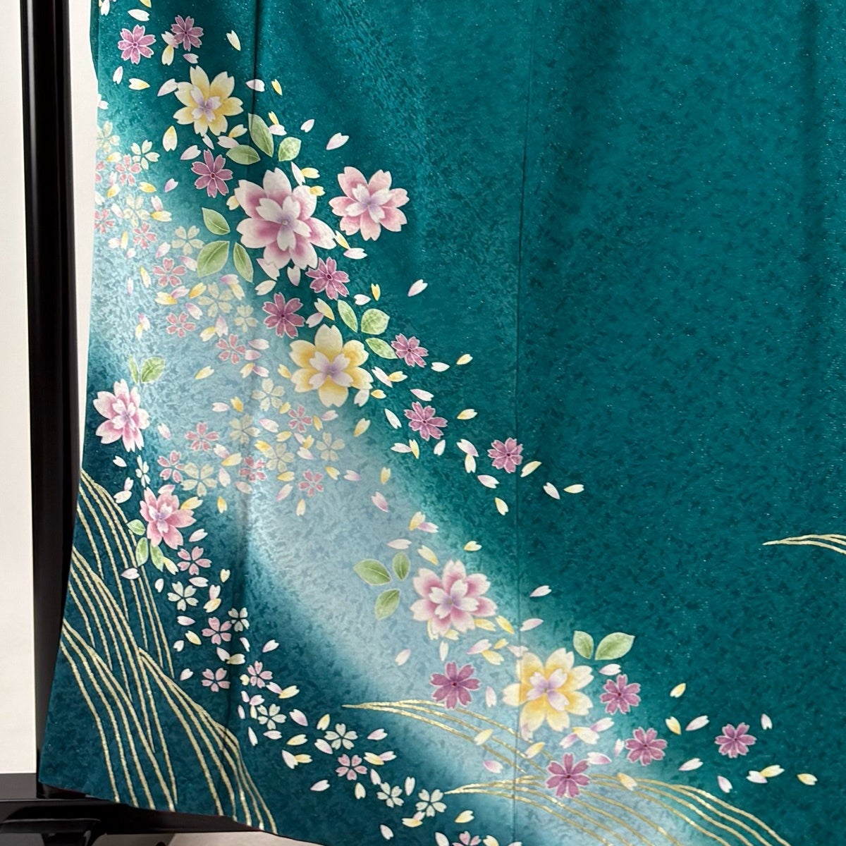 振袖 身丈161.5cm 裄丈63cm S 袷 桜 波 金彩 銀通し 緑 正絹 名品