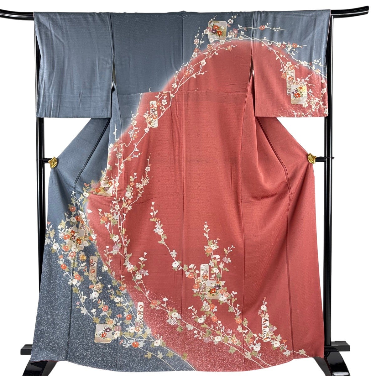 訪問着 身丈166cm 裄丈66.5cm M 袷 菊 破れ色紙 金糸 金銀彩 灰色 正絹