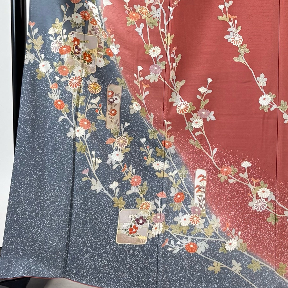 訪問着 身丈166cm 裄丈66.5cm M 袷 菊 破れ色紙 金糸 金銀彩 灰色 正絹
