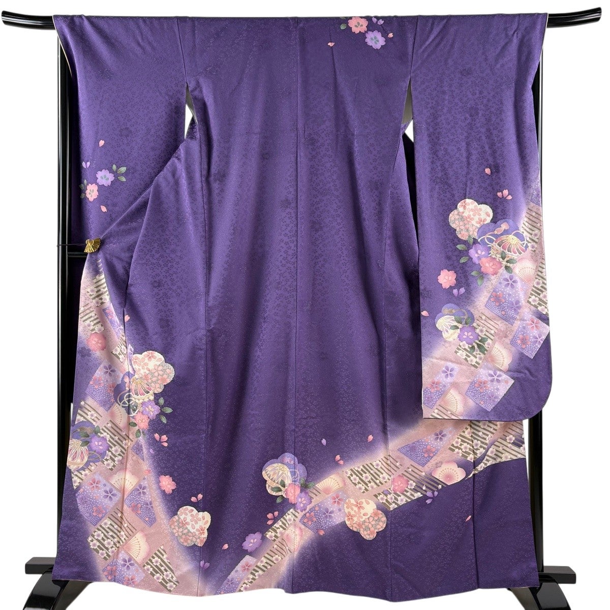 振袖 身丈164.5cm 裄丈67.5cm L 袷 鞠 桜 銀通し 箔 紫 正絹 名品