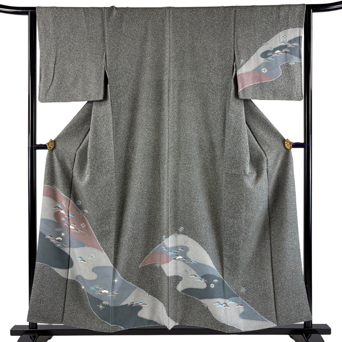 美品】 付下げ 身丈155.5cm 裄丈63cm S 袷 宝尽くし 松 ぼかし 灰緑