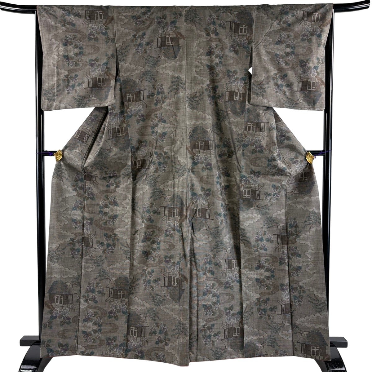 美品】 紬 身丈157.5cm 裄丈63.5cm S 袷 やまと 鏡裏文 草花 灰紫 正絹