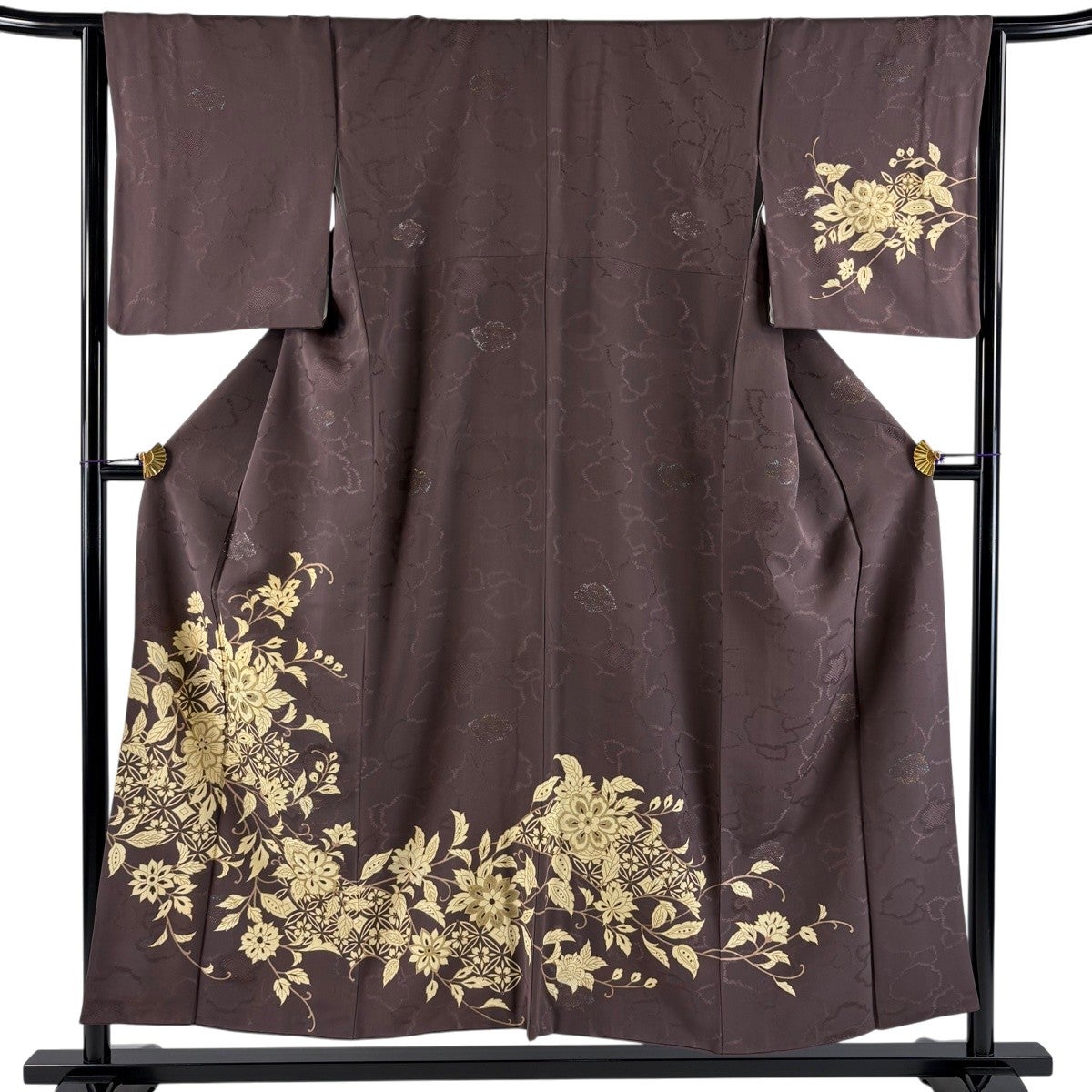美品】 訪問着 身丈153cm 裄丈64.5cm M 袷 草花 七宝 金糸 金彩 茶紫
