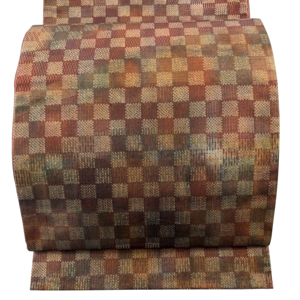 美品】 袋帯 秀品 やまと 縞 変わり市松 金通し 茜色 全通 正絹｜中古