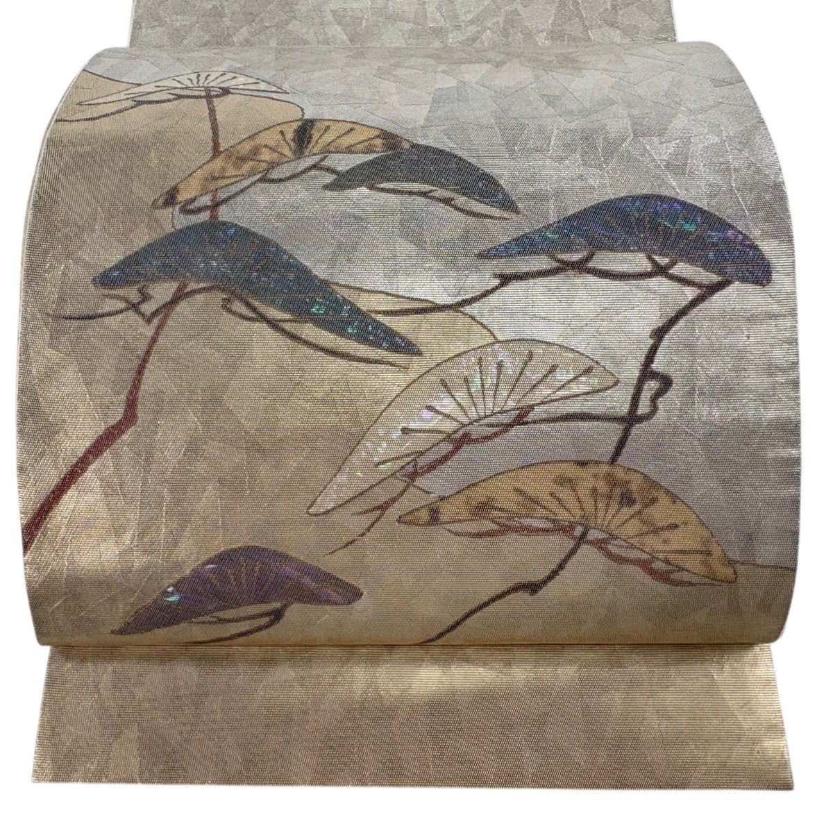 50%OFF 【美品】 袋帯 秀品 草花 松 螺鈿箔 箔 灰緑 お太鼓柄 正絹 K50
