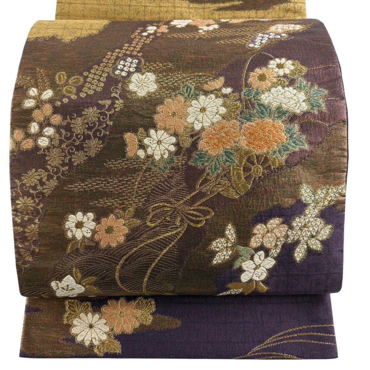 袋帯 美品 秀品 源氏香 霞 箔 ぼかし 灰紫 お太鼓柄 正絹 【中古