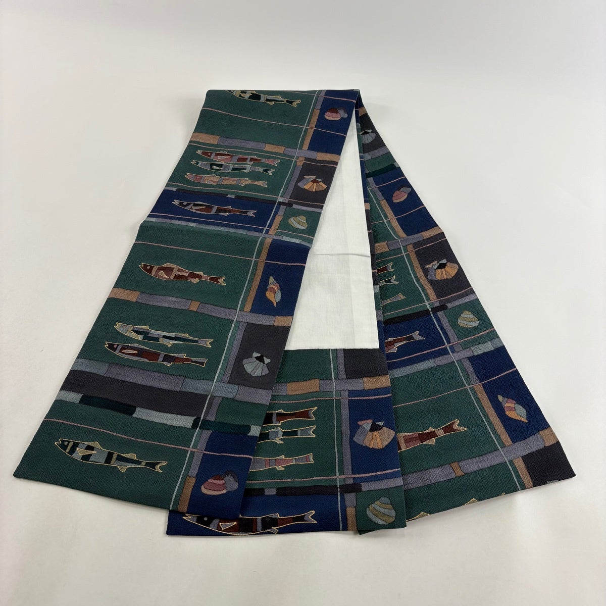 開き名古屋帯 秀品 魚 貝 金彩 縮緬 青緑 正絹｜中古・古着