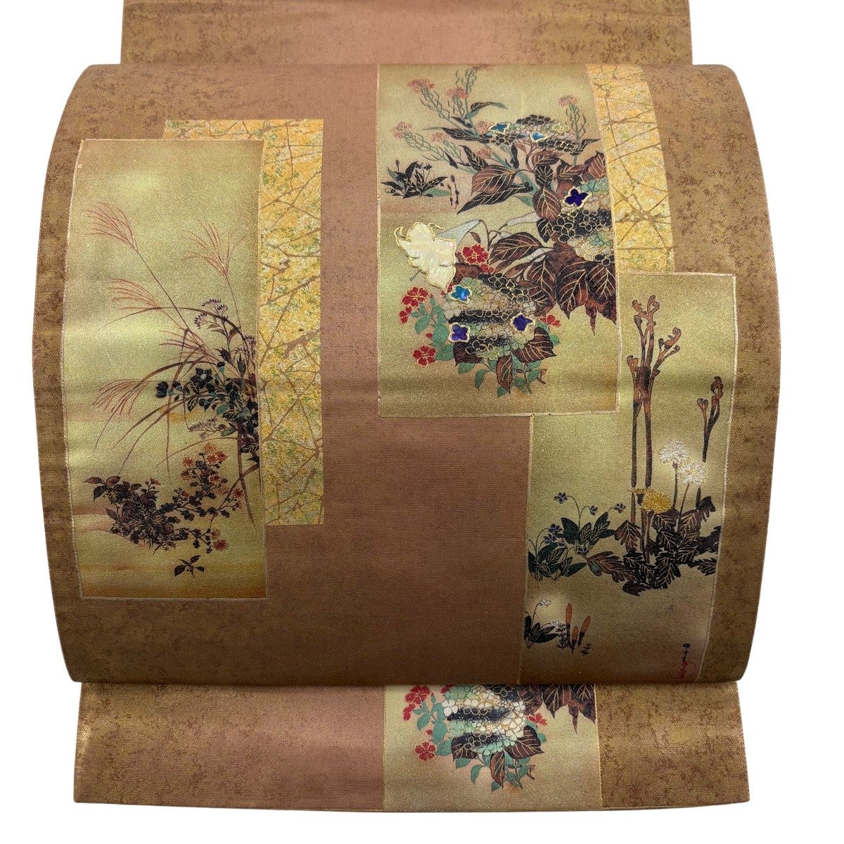 袋帯 秀品 文箱 草花 蒔絵螺鈿織 銀色 お太鼓柄 正絹 お太鼓柄 袋帯