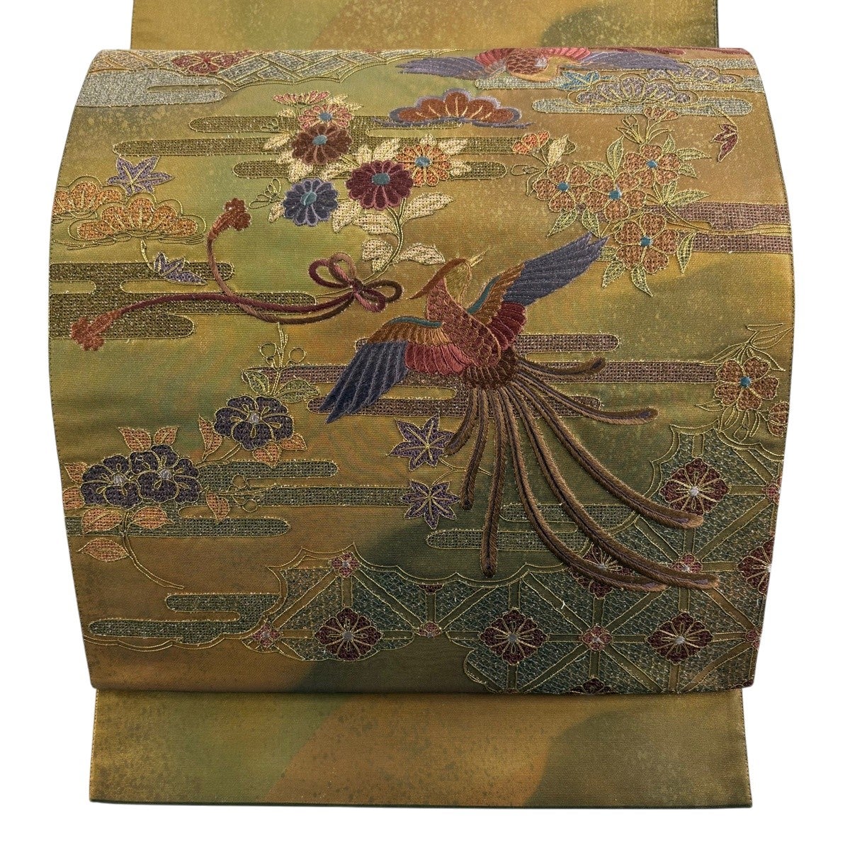 袋帯 秀品 尾長鳥 草花 箔 刺繍 黄土色 お太鼓柄 正絹｜中古・古着
