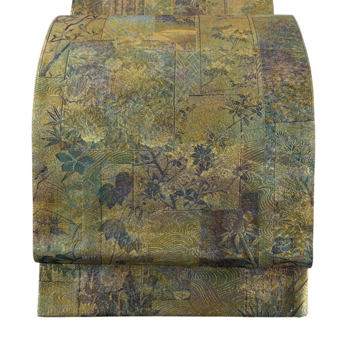 美品】 袋帯 名品 草花 鳥 箔 金糸 金色 お太鼓柄 正絹｜中古・古着
