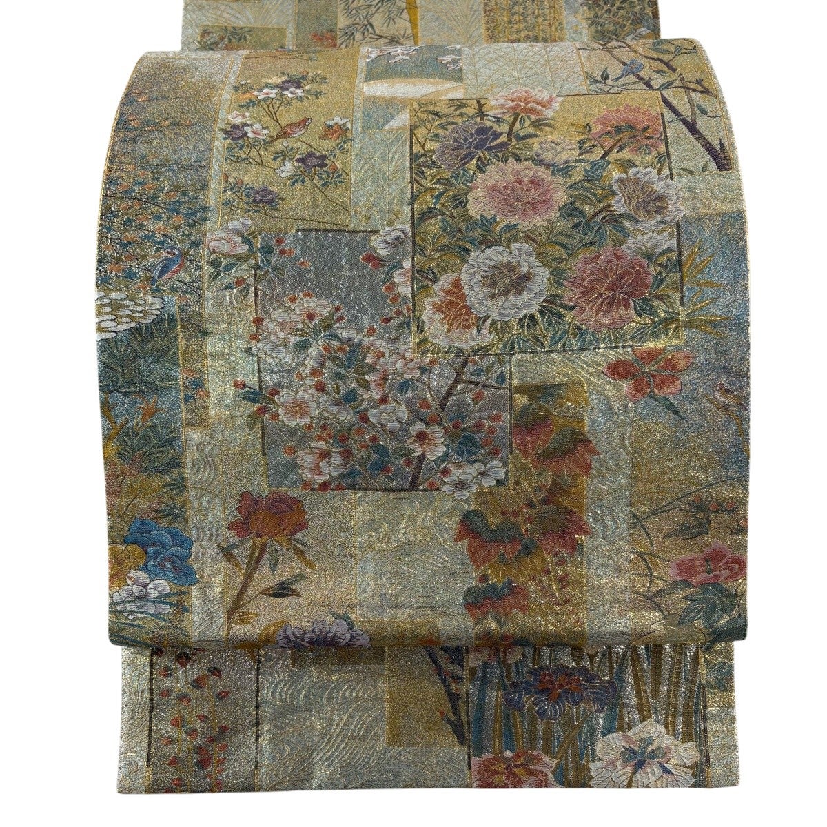 美品】 袋帯 名品 近代花鳥画 箔 金糸 金色 お太鼓柄 正絹｜中古・古着
