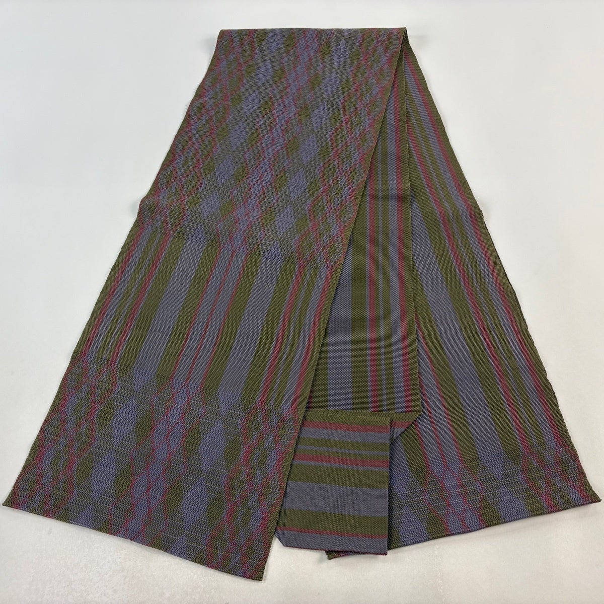 美品】 名古屋帯 優品 八寸名古屋帯 松葉仕立て 斜め格子 幾何学模様