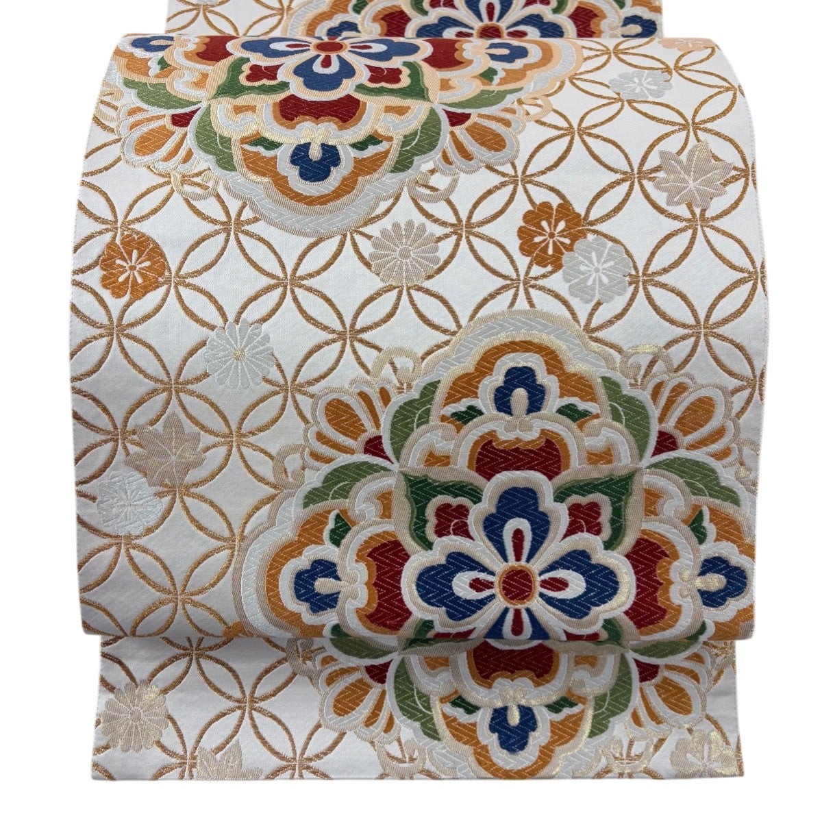 七宝 刺繍 袋帯 正絹 未使用 美品】 袋帯 名品 七宝文 桜 刺繍 金糸 黒 六通 正絹｜中古・古着