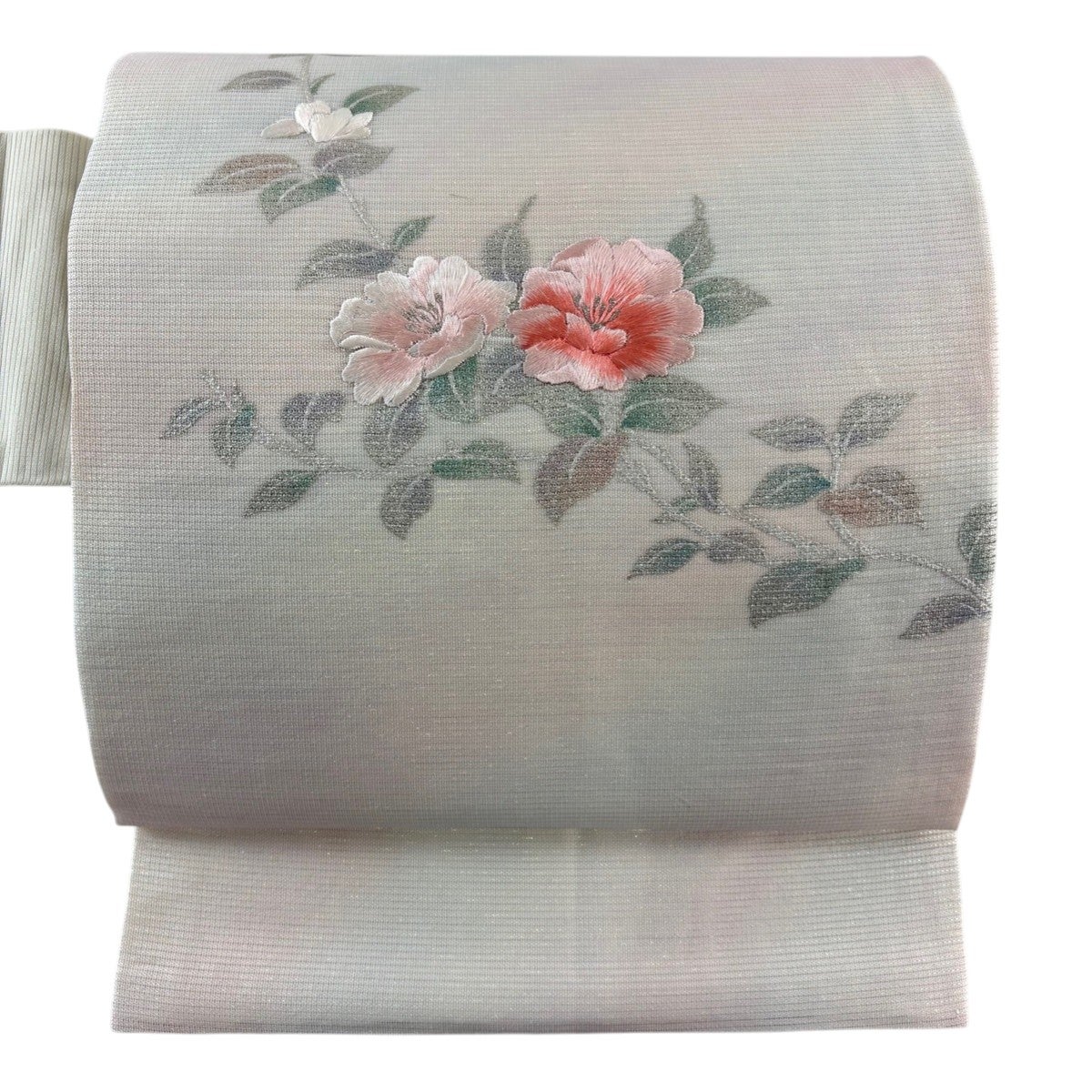 美品】 名古屋帯 秀品 夏帯 絽 枝花 刺繍 銀糸 薄ピンク 正絹｜中古