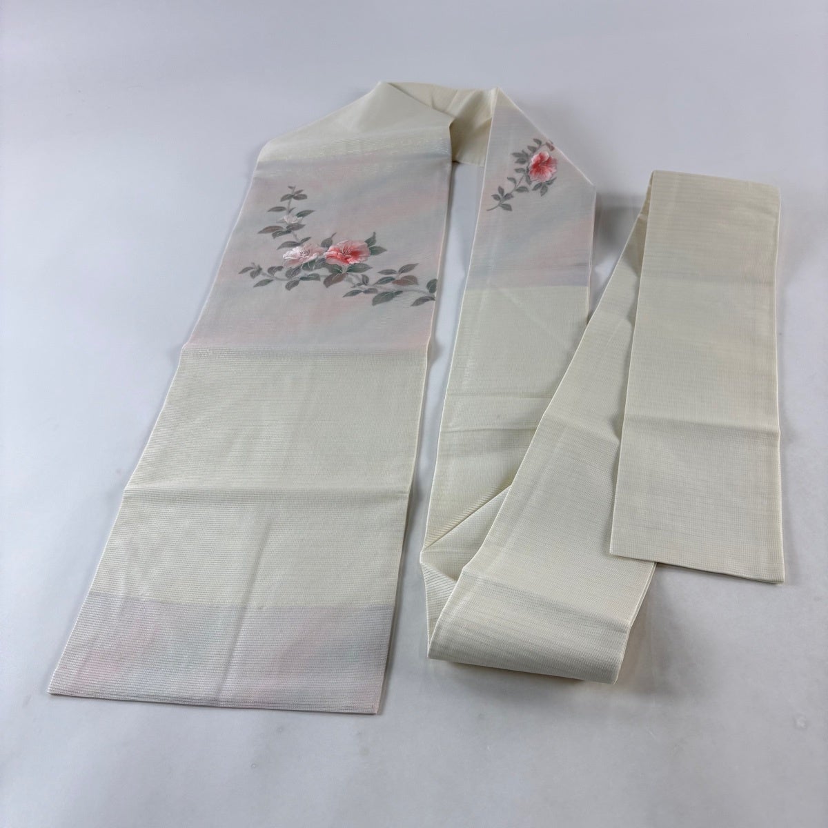 美品】 名古屋帯 秀品 夏帯 絽 枝花 刺繍 銀糸 薄ピンク 正絹｜中古