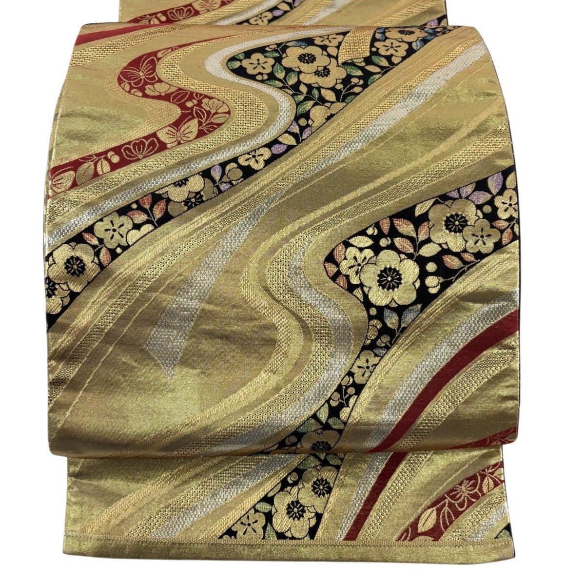 50%OFF 袋帯 秀品 梅 笹 金糸 刺繍 金色 六通 正絹 K50｜中古・古着