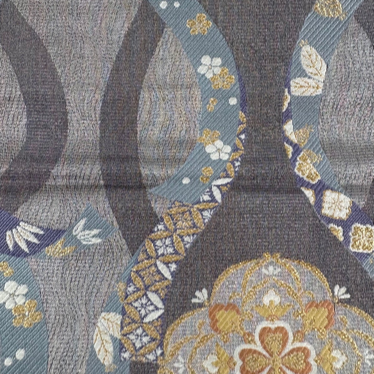 袋帯 名品 花丸文 松竹梅 金糸 唐織 灰紫 六通 正絹｜中古・古着