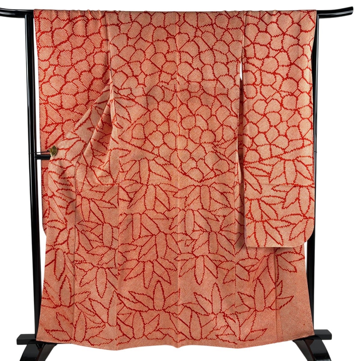 美品】 振袖 身丈161.5cm 裄丈65cm M 袷 笹 総絞り 朱色 正絹 秀品