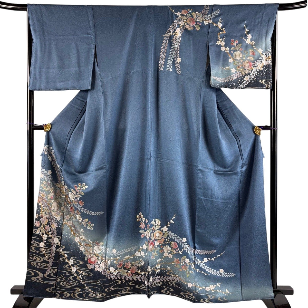 訪問着 身丈161.5cm 裄丈67cm M 袷 辻が花柄 流水 金銀彩 ぼかし 青
