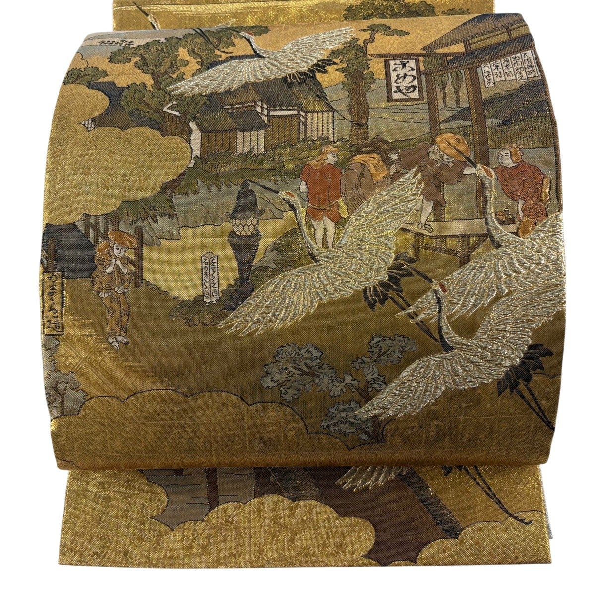 袋帯 秀品 鶴 人物 金銀糸 箔 金色 お太鼓柄 正絹｜中古・古着