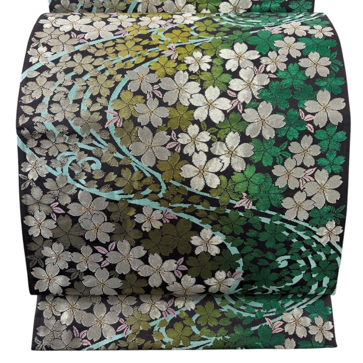 袋帯 秀品 桜 流水 銀糸 箔 墨色 六通 正絹｜中古・古着・リサイクル