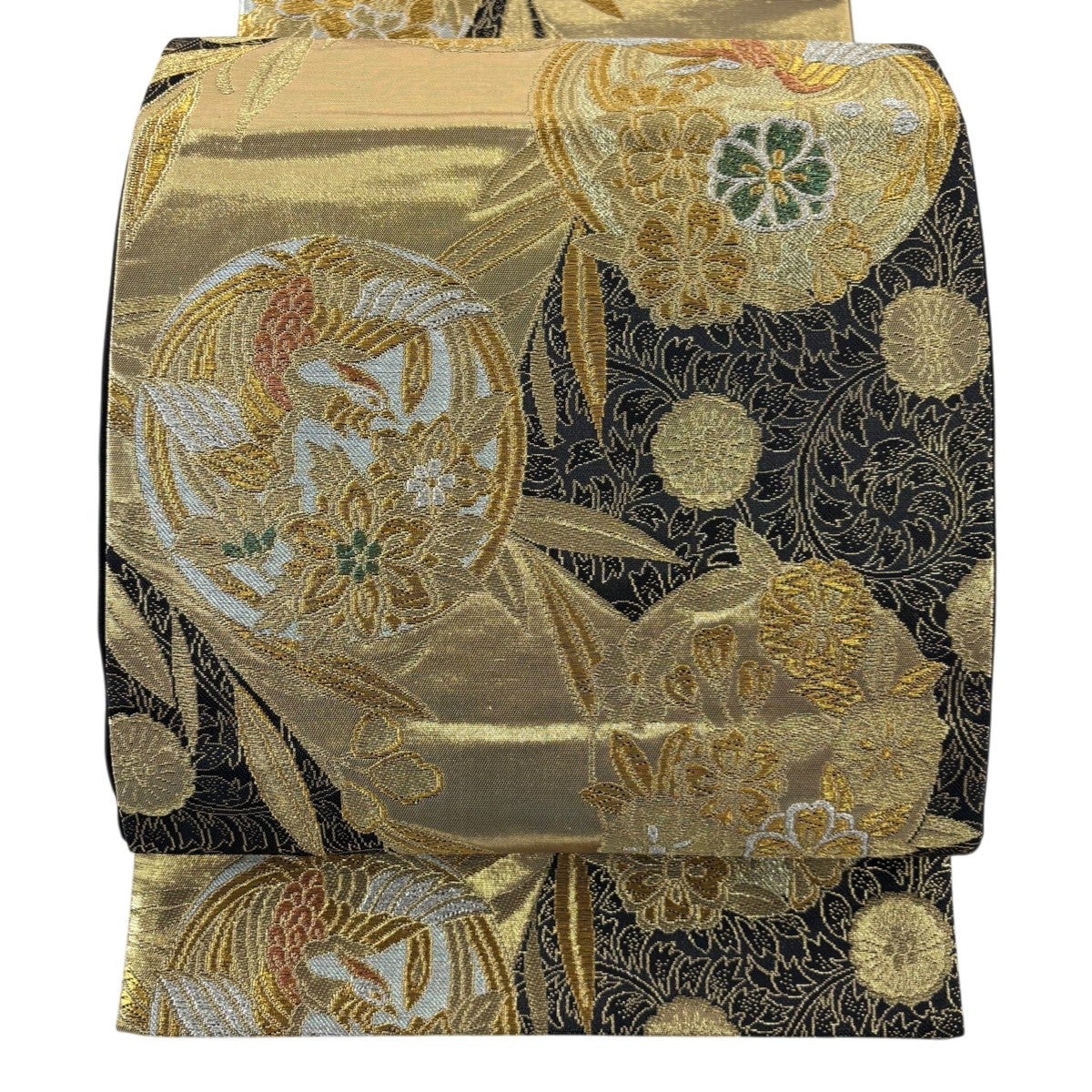 袋帯 秀品 草花 流水 金銀糸 箔 黒 六通 正絹｜中古・古着・リサイクル