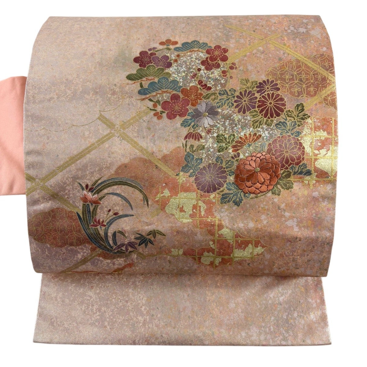 美品】 名古屋帯 秀品 紬地 花丸文 雲文 刺繍 金糸 焦茶色 正絹｜中古
