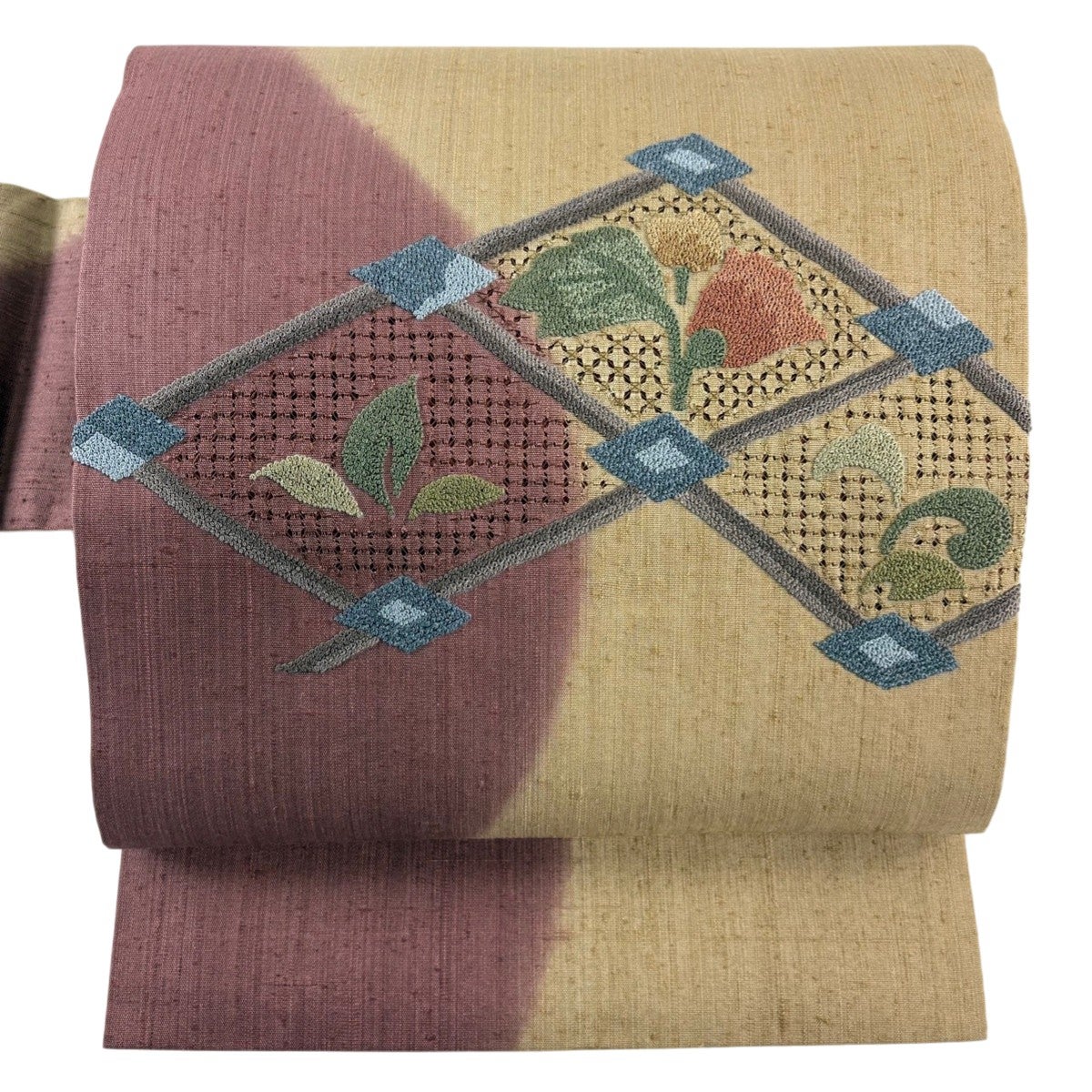 美品】 名古屋帯 秀品 紬地 生り物 刺繍 相良刺繍 藍色 正絹｜中古