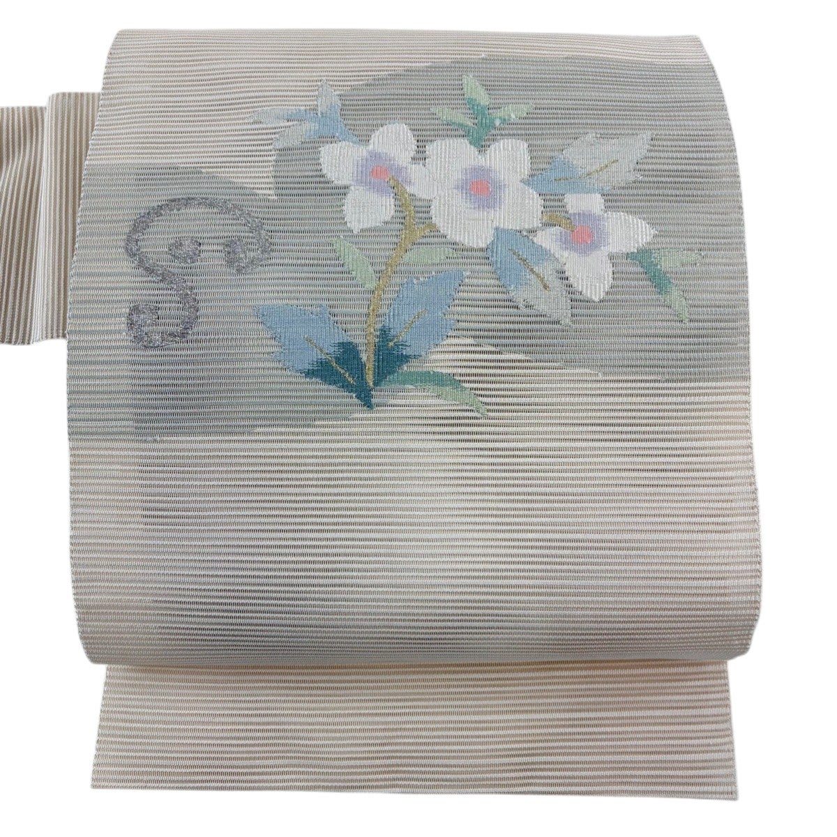 美品】 名古屋帯 秀品 夏帯 絽 草花 霞 金銀糸 ベージュ 正絹｜中古