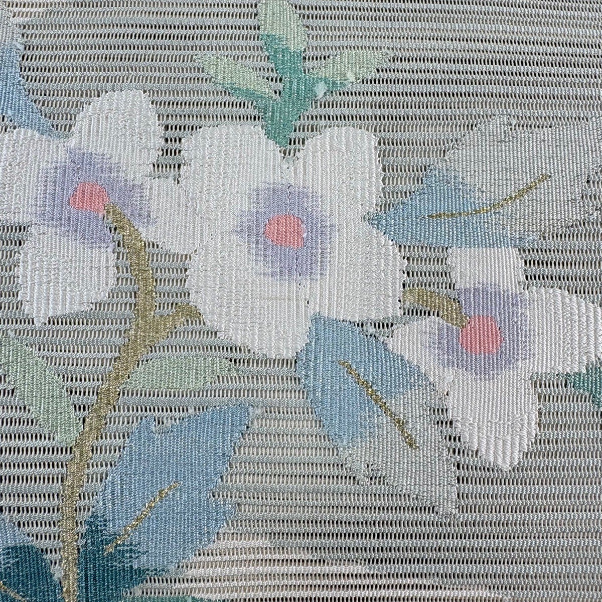 美品】 名古屋帯 秀品 夏帯 絽 草花 霞 金銀糸 ベージュ 正絹｜中古