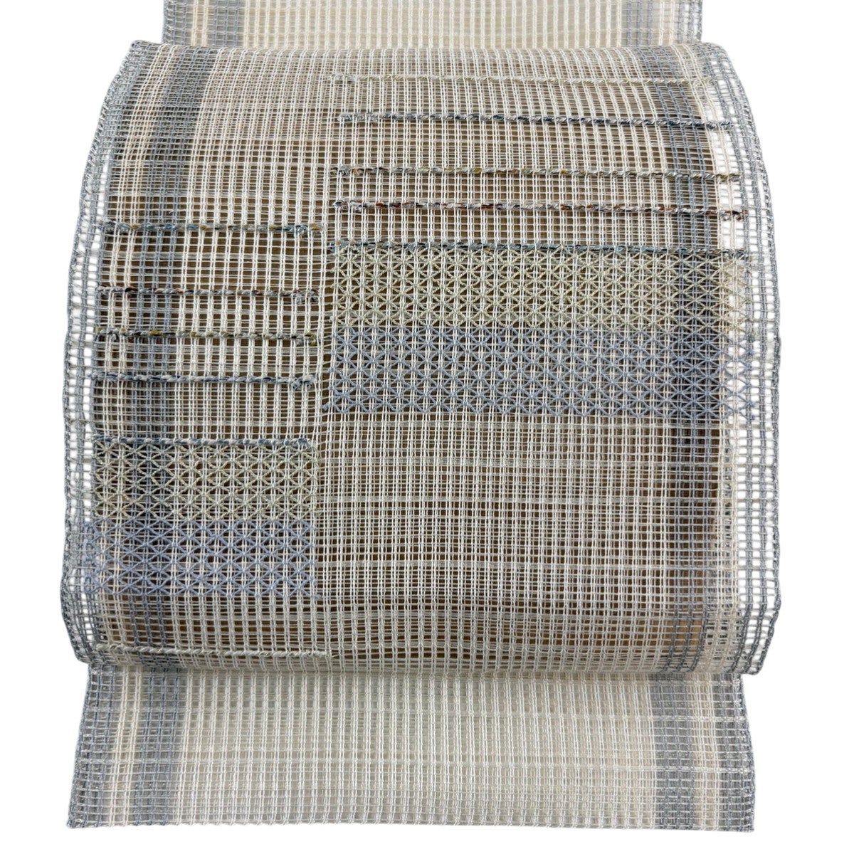 美品】 名古屋帯 秀品 夏帯 八寸名古屋帯 松葉仕立て 縞 幾何学 銀糸
