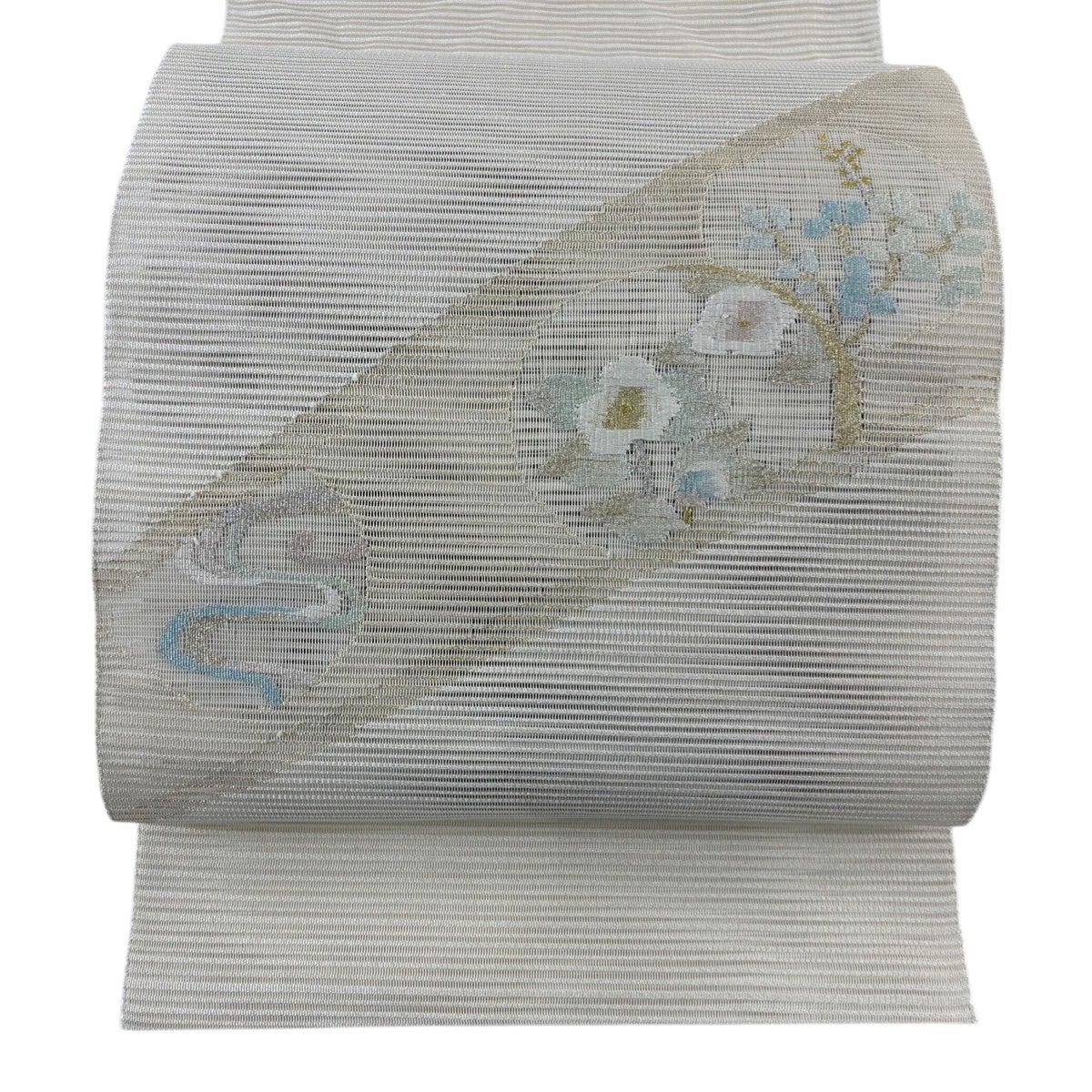 美品】 名古屋帯 秀品 夏帯 絽 草花 霞 箔 銀糸 クリーム 正絹｜中古