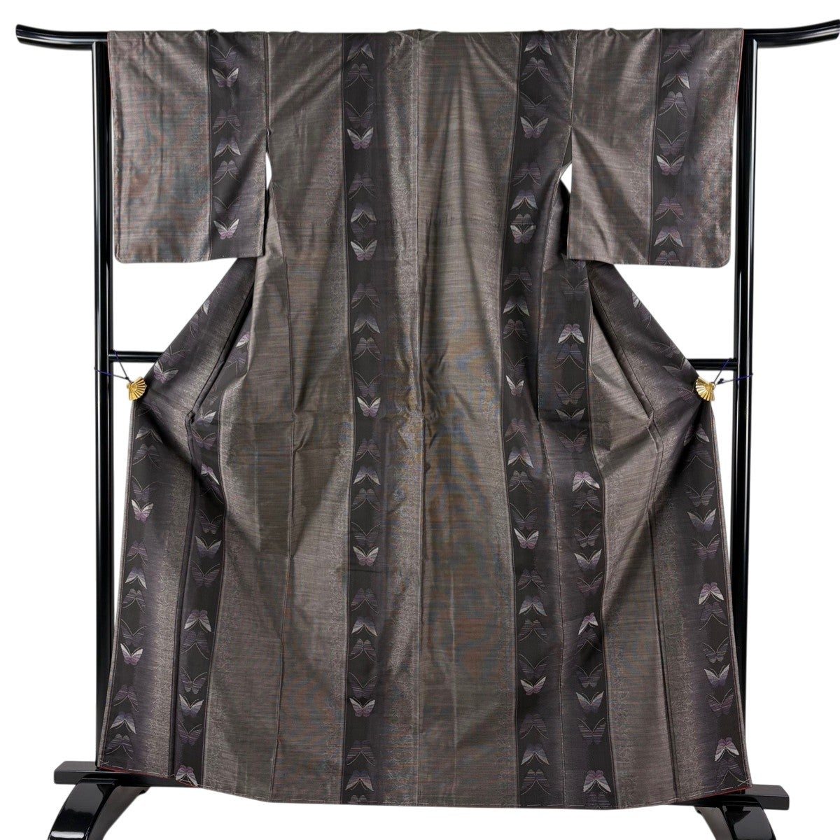 美品】 紬 身丈163.5cm 裄丈66.5cm M 袷 草花 ヱ霞 焦茶色 正絹 秀品