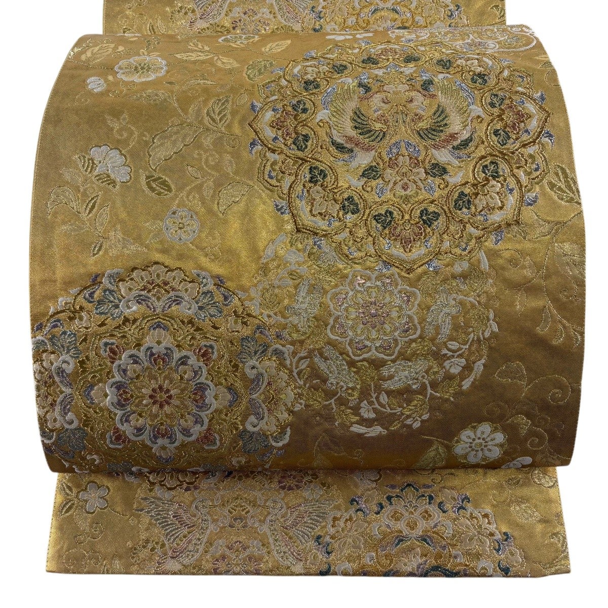 美品】 袋帯 名品 鳳凰 花唐草 箔 金色 全通 正絹｜中古・古着