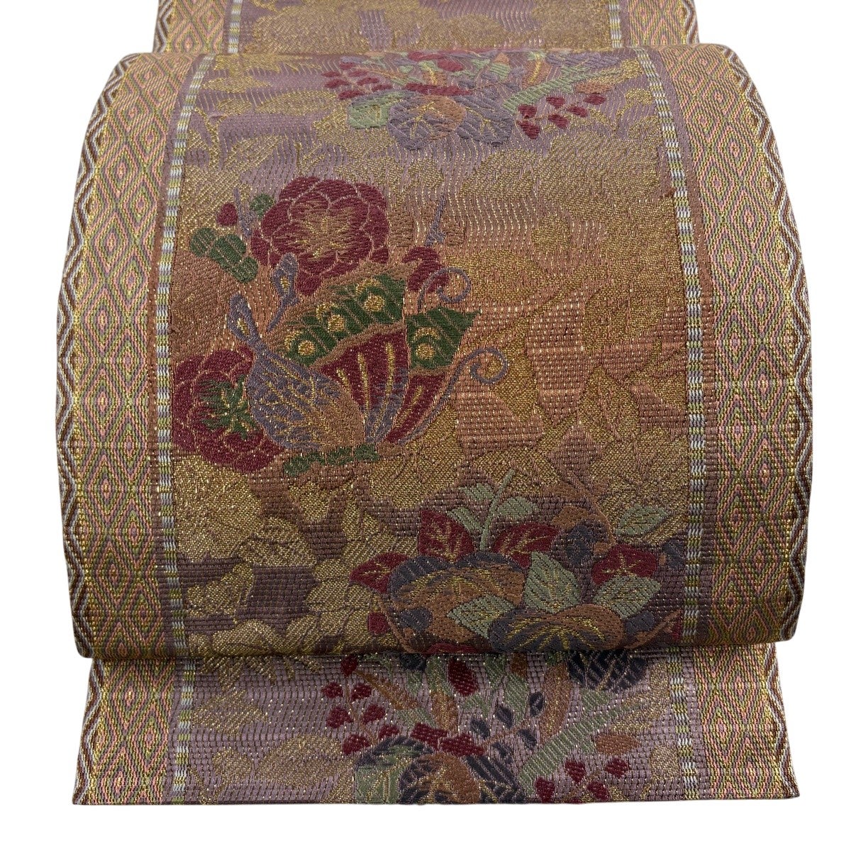 袋帯 秀品 蝶 草花 金糸 箔 灰紫 お太鼓柄 正絹｜中古・古着