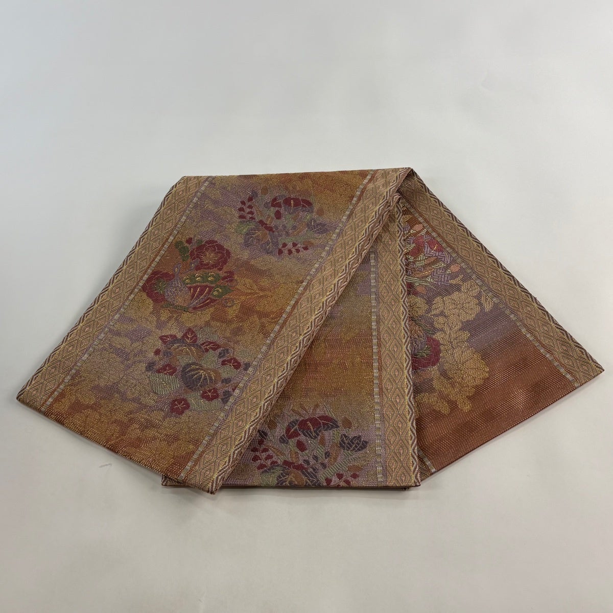袋帯 秀品 蝶 草花 金糸 箔 灰紫 お太鼓柄 正絹｜中古・古着