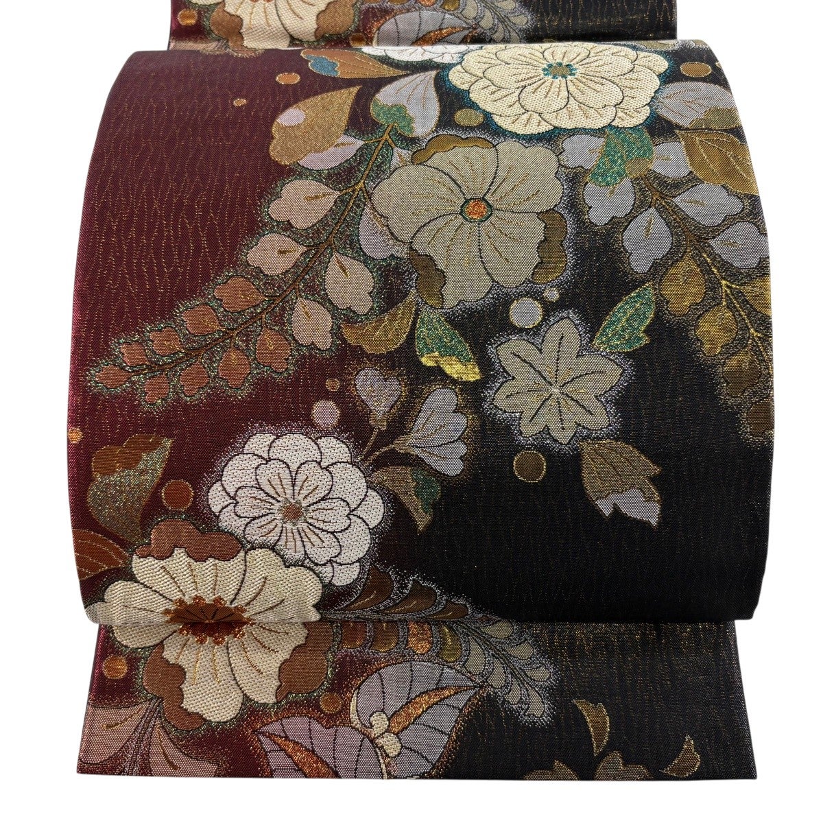 袋帯 秀品 辻が花柄 幾何学模様 金糸 箔 赤黒 六通 正絹｜中古・古着