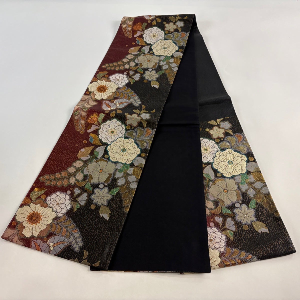 袋帯 秀品 辻が花柄 幾何学模様 金糸 箔 赤黒 六通 正絹｜中古・古着