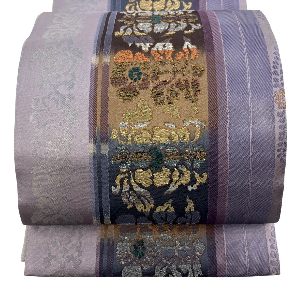 袋帯 逸品 喜多川平郎 草花 唐織 薄オレンジ 六通 正絹｜中古・古着