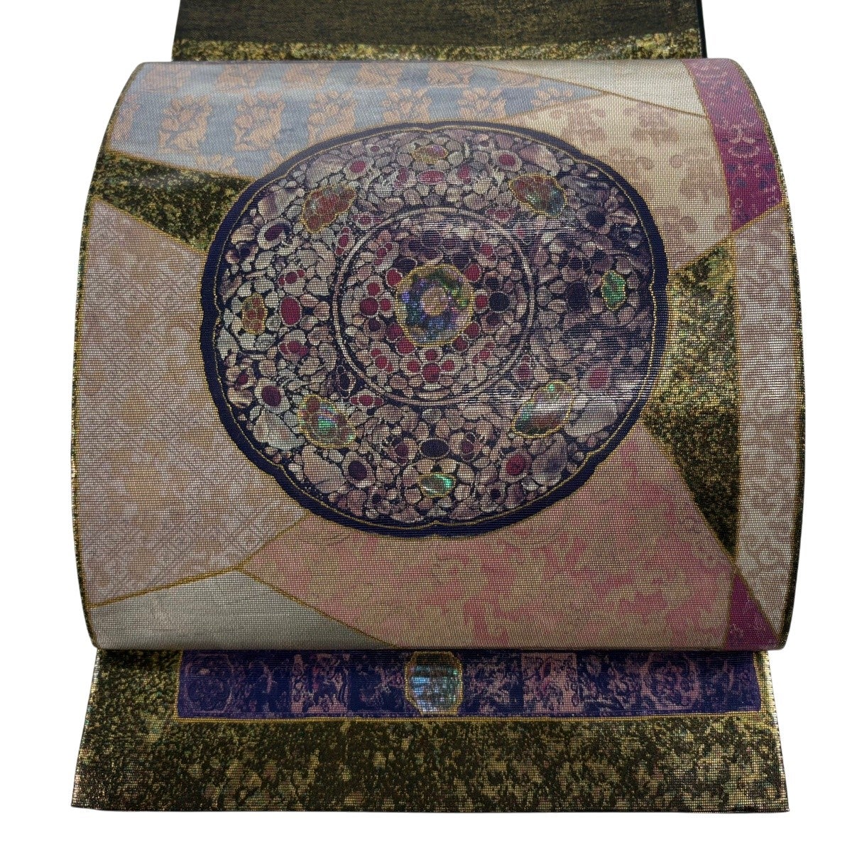 袋帯 秀品 鏡裏文 花うさぎ 螺鈿箔 金彩 薄小豆 お太鼓柄 正絹｜中古