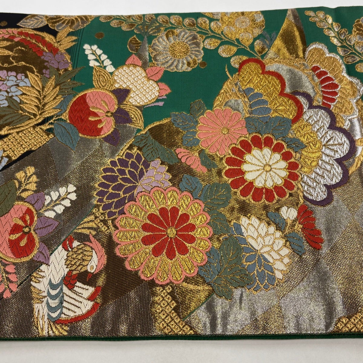 袋帯 秀品 誰ヶ袖百撰 花丸文 花鳥 唐織 箔 緑 六通 正絹｜中古・古着