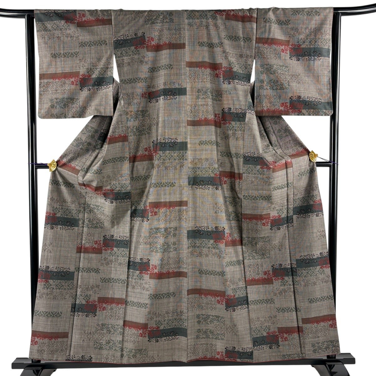 紬 身丈157cm 裄丈64cm M 袷 草花 段縞 灰茶 正絹 優品｜中古・古着