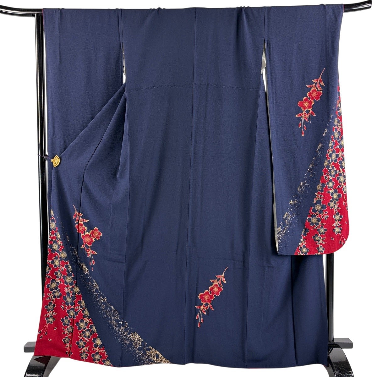 振袖 身丈165.5cm 裄丈69cm L 袷 鈴乃屋 桜 金彩 紺色 正絹 秀品｜中古