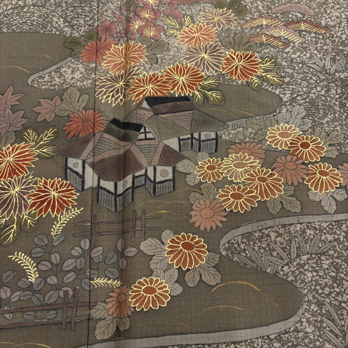 美品】 付下げ 身丈159cm 裄丈64.5cm M 袷 紬地 落款あり 建物 草花