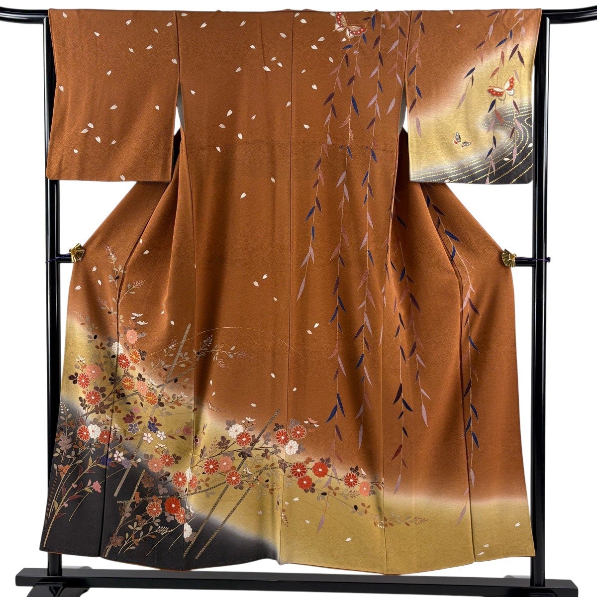 訪問着 身丈151cm 裄丈65.5cm M 袷 菊 花びら 金糸 金彩 茶色 正絹 秀