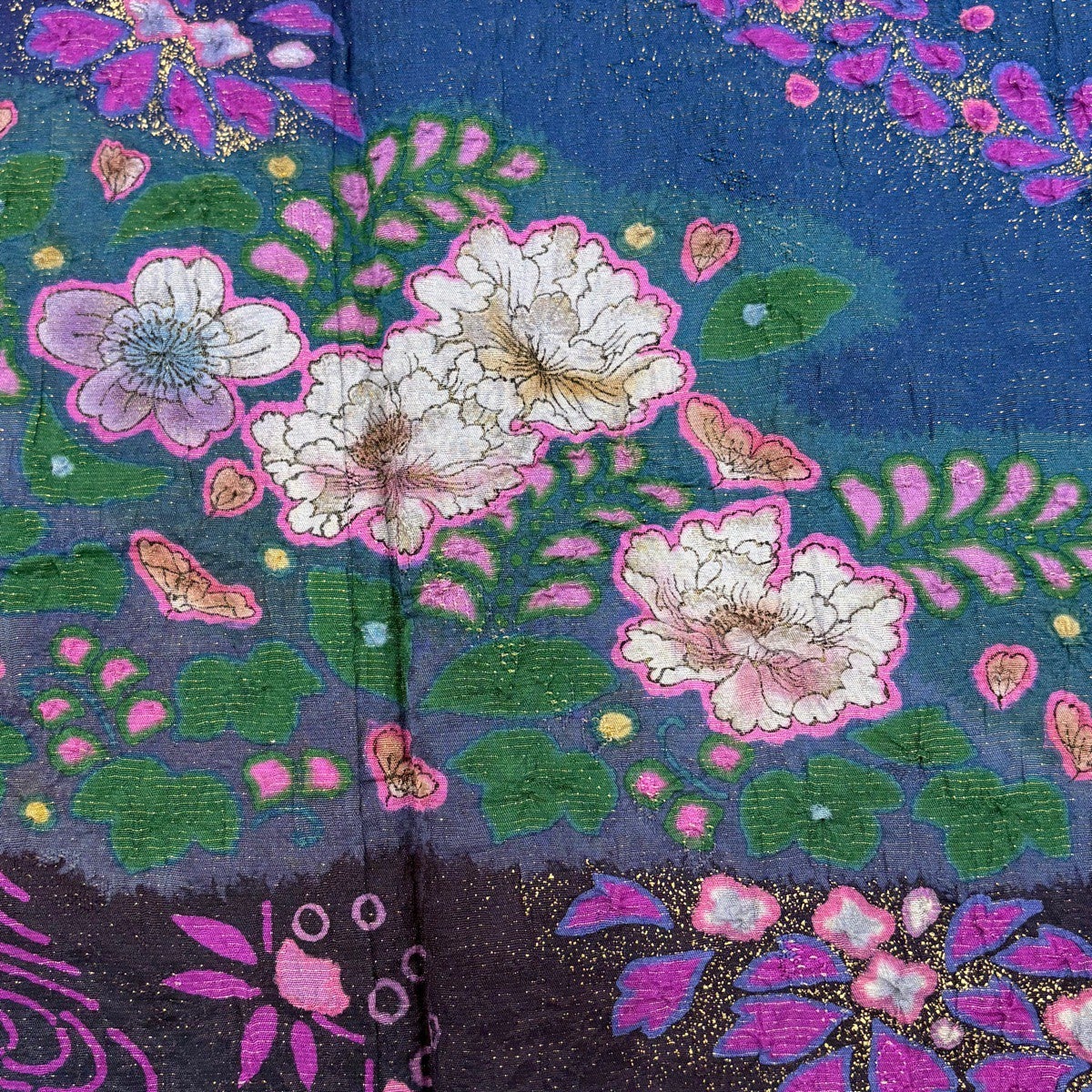 振袖 身丈163cm 裄丈65cm M 袷 草花 流水 金通し 濃紫 正絹 名品｜中古