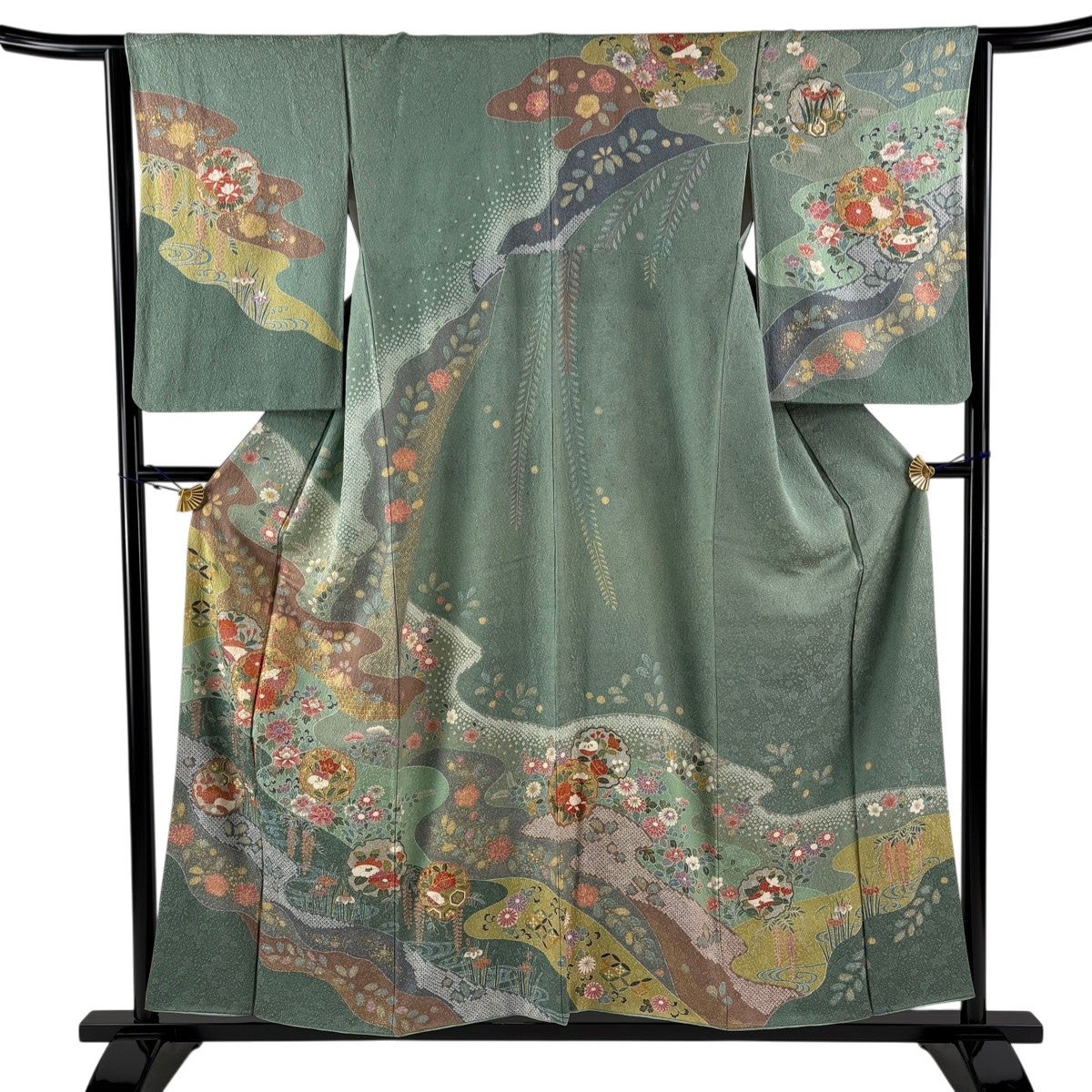 訪問着 身丈157.5cm 裄丈64cm M 袷 辻が花 金彩 ぼかし 緑 正絹 名品